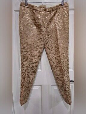 Michael Kors Beige Zebra-Print Skinny Pants with Gold Thread